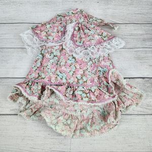 Vtg Doll Dress Pink Floral 2-Tier Ruffle High-Low (14"-18" Length) Lace Trim